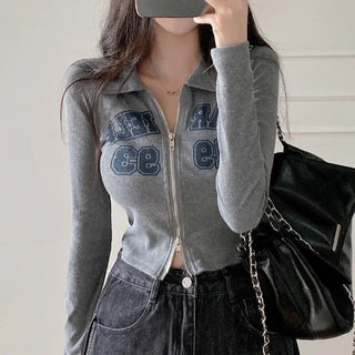 Autumn long-sleeved hooded knit gray 2-way color cardigan