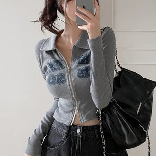 Autumn long-sleeved hooded knit gray 2-way color cardigan