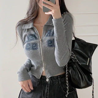 Autumn long-sleeved hooded knit gray 2-way color cardigan
