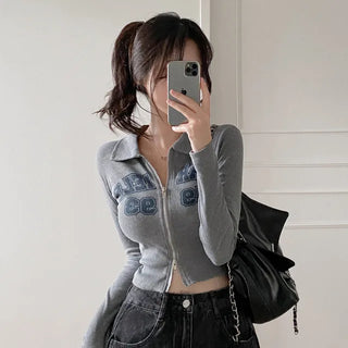 Autumn long-sleeved hooded knit gray 2-way color cardigan