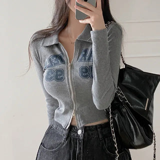 Autumn long-sleeved hooded knit gray 2-way color cardigan