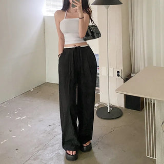 Wide elastic waist high-waisted layered nylon pants