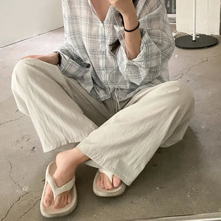 Wide elastic waist high-waisted layered nylon pants
