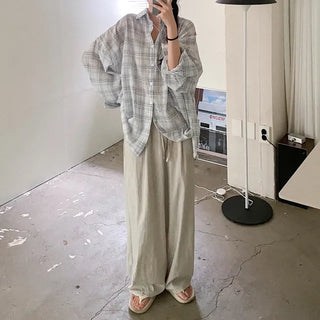 Wide elastic waist high-waisted layered nylon pants