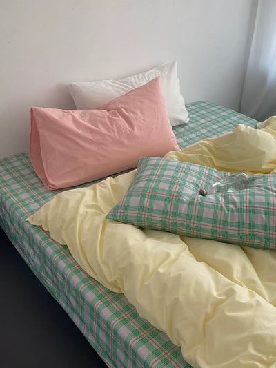 Pink and Mint Green Plaid Duvet Cover Set