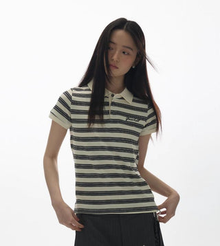 [YAWHAT] polo stripe top
