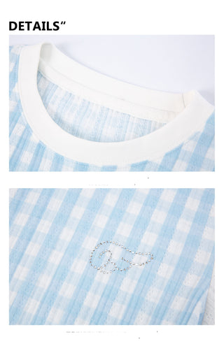 [YAWHAT] plaid rhinestone tee