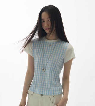 [YAWHAT] plaid rhinestone tee