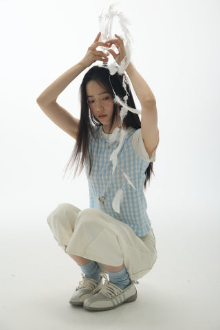 [YAWHAT] plaid rhinestone tee