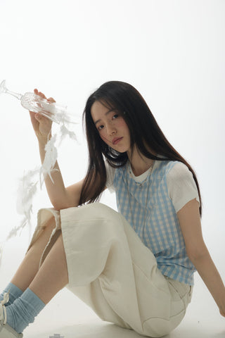 [YAWHAT] plaid rhinestone tee