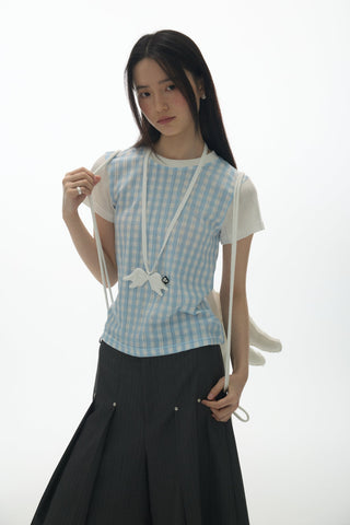 [YAWHAT] plaid rhinestone tee