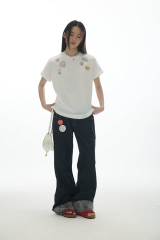 [YAWHAT] print embroidered tee