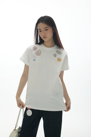 [YAWHAT] print embroidered tee