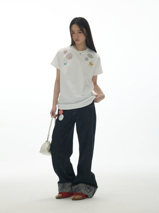 [YAWHAT] print embroidered tee