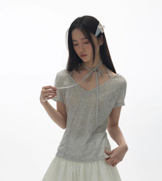[YAWHAT] V-neck lace-up top
