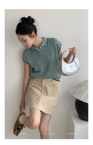 Contrast polo knit Top