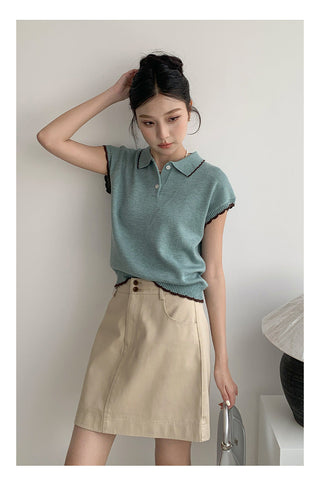 Contrast polo knit Top