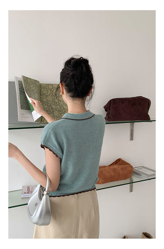 Contrast polo knit Top