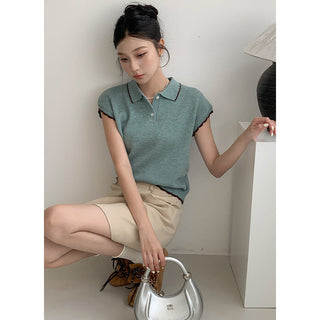 Contrast polo knit Top
