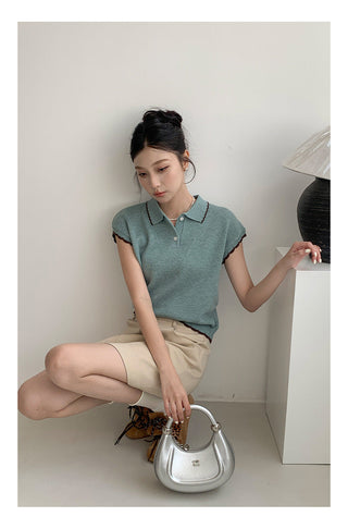 Contrast polo knit Top
