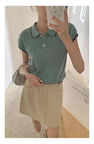 Contrast polo knit Top