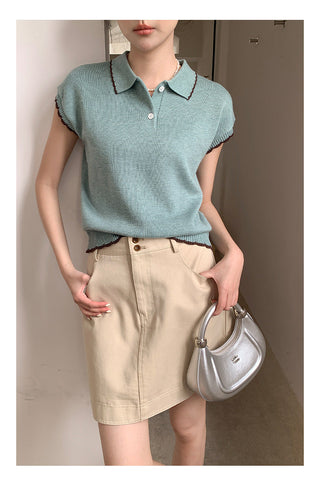 Contrast polo knit Top