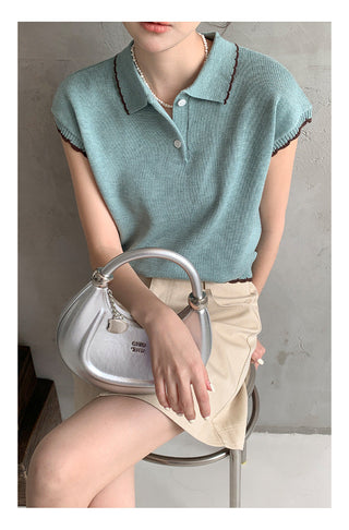 Contrast polo knit Top