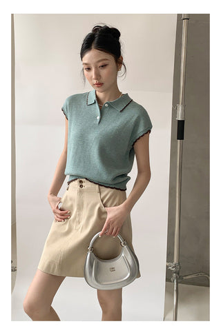 Contrast polo knit Top