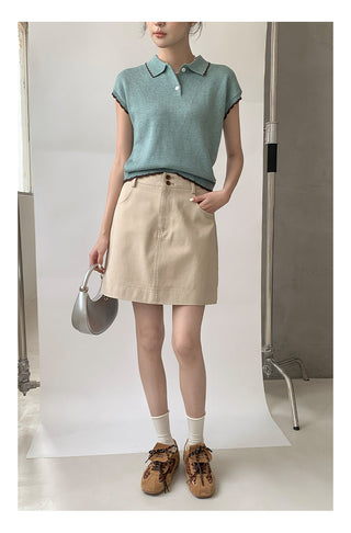 Contrast polo knit Top