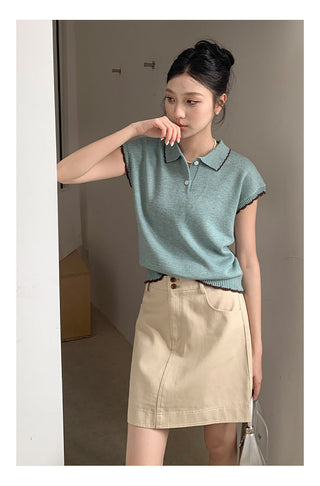 Contrast polo knit Top