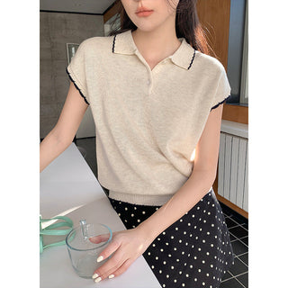 Contrast polo knit Top