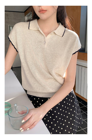 Contrast polo knit Top