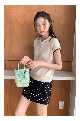Contrast polo knit Top