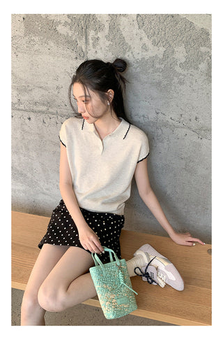Contrast polo knit Top