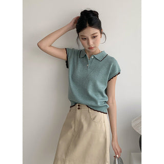 Contrast polo knit Top