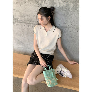 Contrast polo knit Top