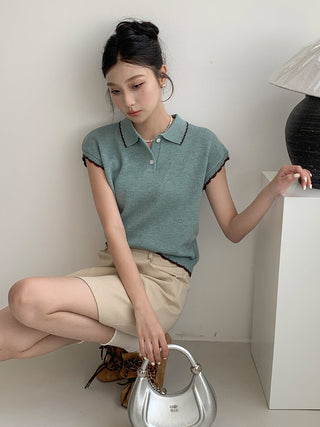 Contrast polo knit Top