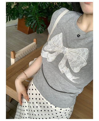 gray lace bow top