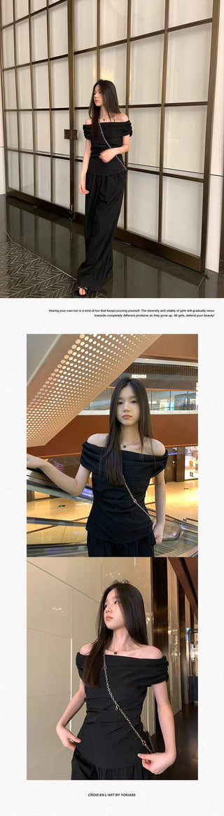 black off-shoulder suit