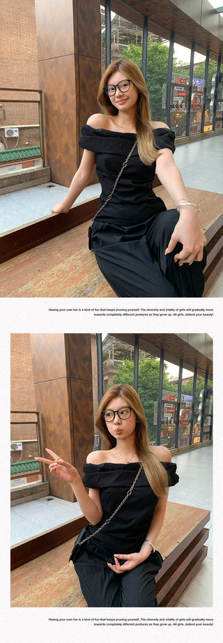 black off-shoulder suit