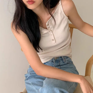 Button-layered ribbed camisole