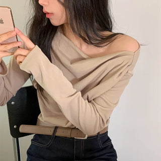 Asymmetrical Shirred Semi-Off-Shoulder Long-Sleeve T-Shirt