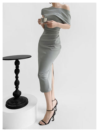 Sloped shoulder dress
