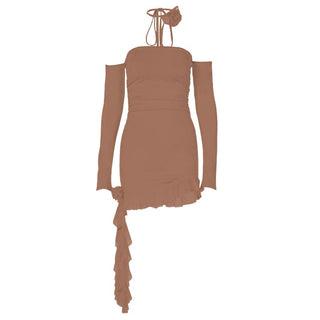 Long sleeve off shoulder flower applique ruffle ruched mini dress