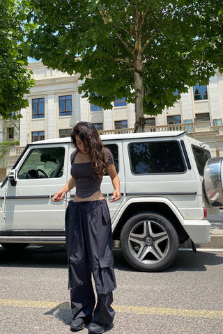 High-Waist Drawstring Cargo Parachute Pants