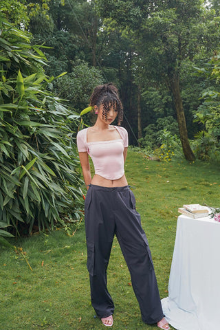 High-Waist Drawstring Cargo Parachute Pants