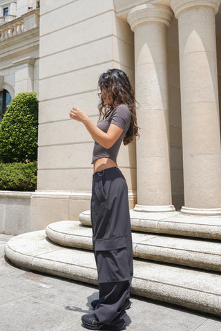 High-Waist Drawstring Cargo Parachute Pants