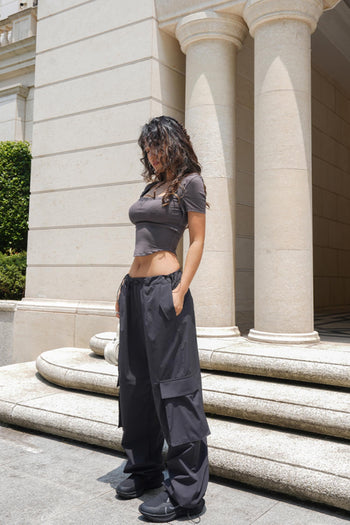 High-Waist Drawstring Cargo Parachute Pants