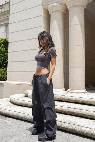 High-Waist Drawstring Cargo Parachute Pants