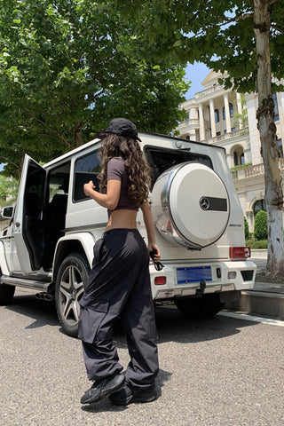 High-Waist Drawstring Cargo Parachute Pants